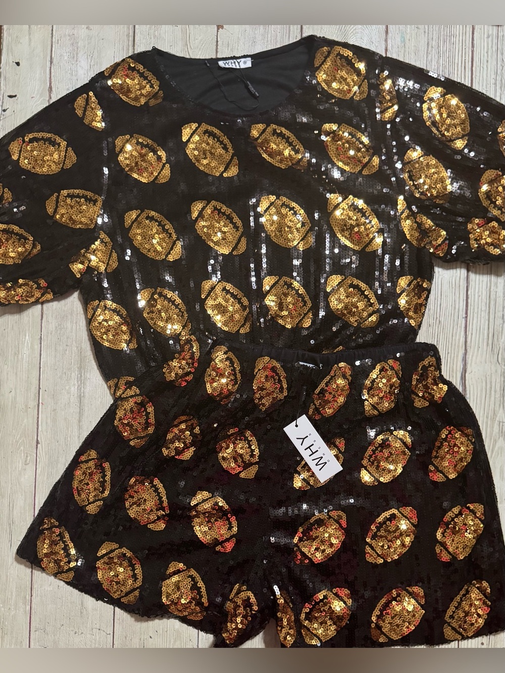 NWT Why Dress Black & Gold Sequin Football shorts set Size M boutique women’s